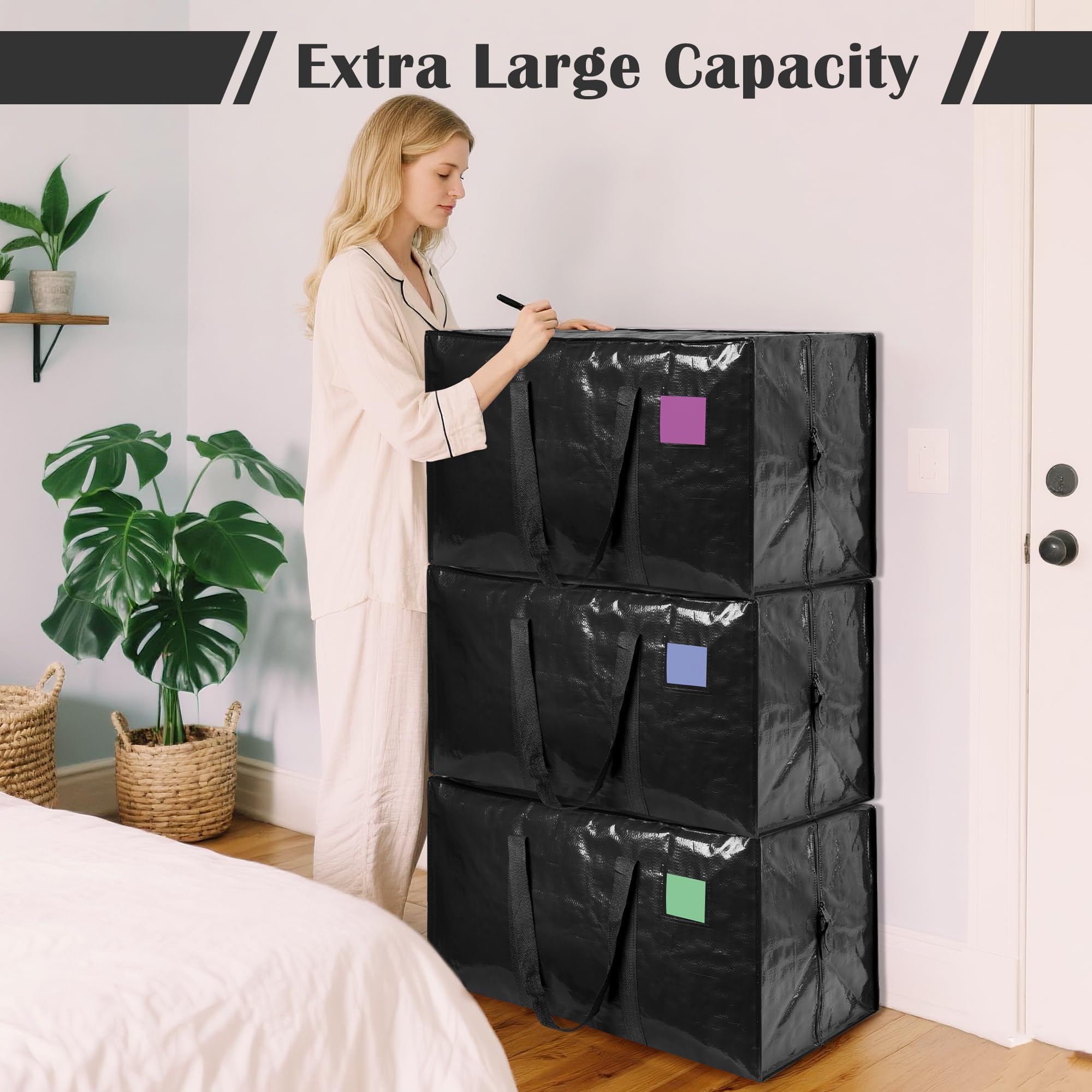 6 Pack Extra Large Heavy Duty Moving Bags with Reinforced Zipper & Wide Handles, Moisture-Resistant Storage Bins Packing Cubes for Clothes, College Dorm, Travel, and Home Organization, Black - 4