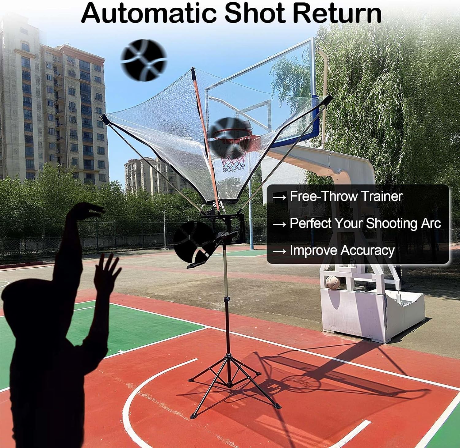 Basketball Rebounder with 180° Rotating Track, Adjustable Height Basketball Shooting Trainerr with Net Return System for Efficient Training, for Indoor & Outdoor Use, Easy Assembly & Storage (Black)