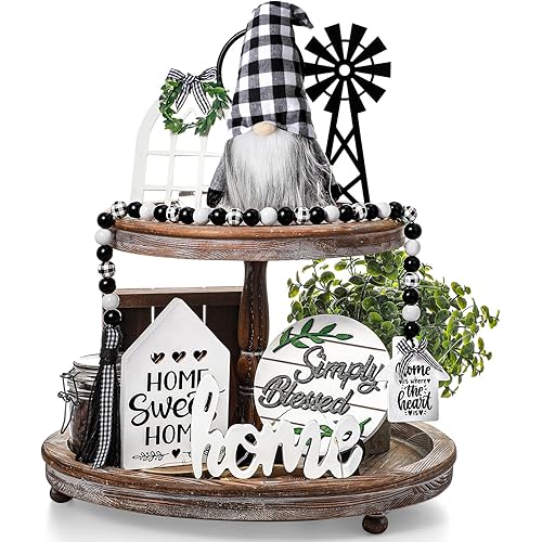 Yalikop 10 Pcs Farmhouse Tiered Tray Decor, Black White Buffalo Plaid Gnome Wooden Mini Sign Rustic Table Ornaments for Home Sweet Home Kitchen Tier Tray Decor Set (Gnome Style)
