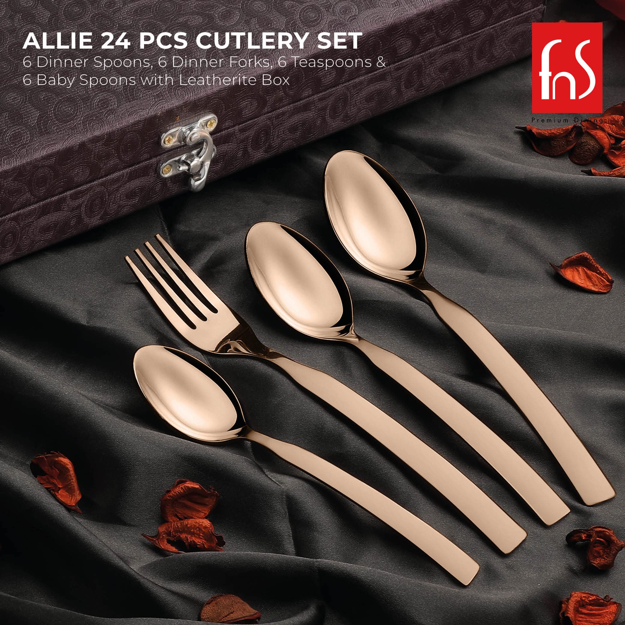 FnS Allie Rose Gold Cutlery Set - 24 Piece Stainless Steel -2