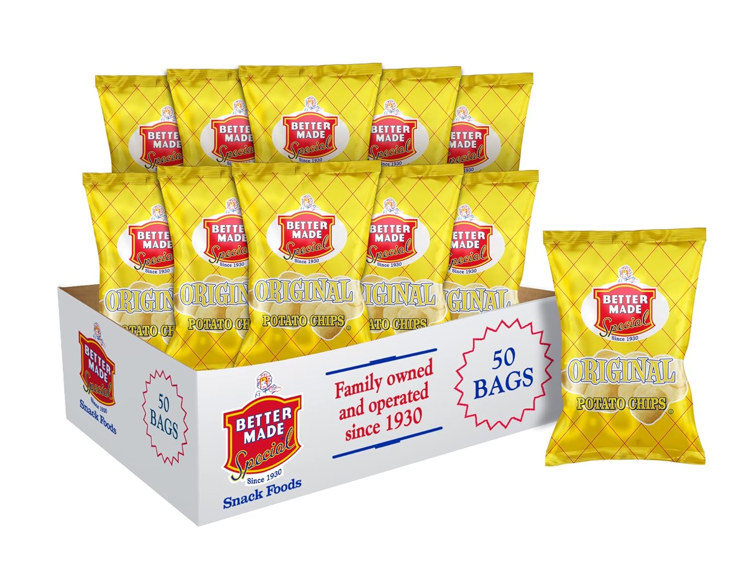 Better Made Special Potato Chips (BBQ) - 50 Pack - 50 x 1 oz. Bags - Crunchy, Individual Snacks Made from Fresh Potatoes - Family Owned and Operated
