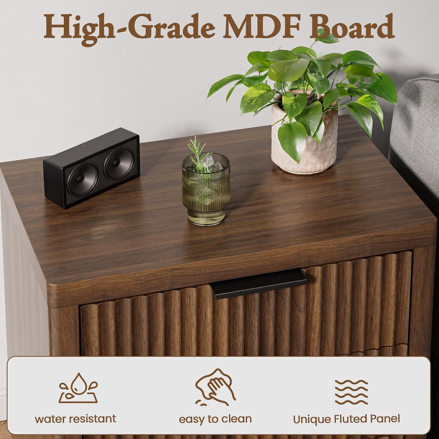Fluted Nightstand with 3 Drawers, 23" Wide Modern Night Stand, Tall Bed Side Table with Metal Handle, Large Storage End Table, Nightstand for Bedroom, Living Room, Office, Walnut