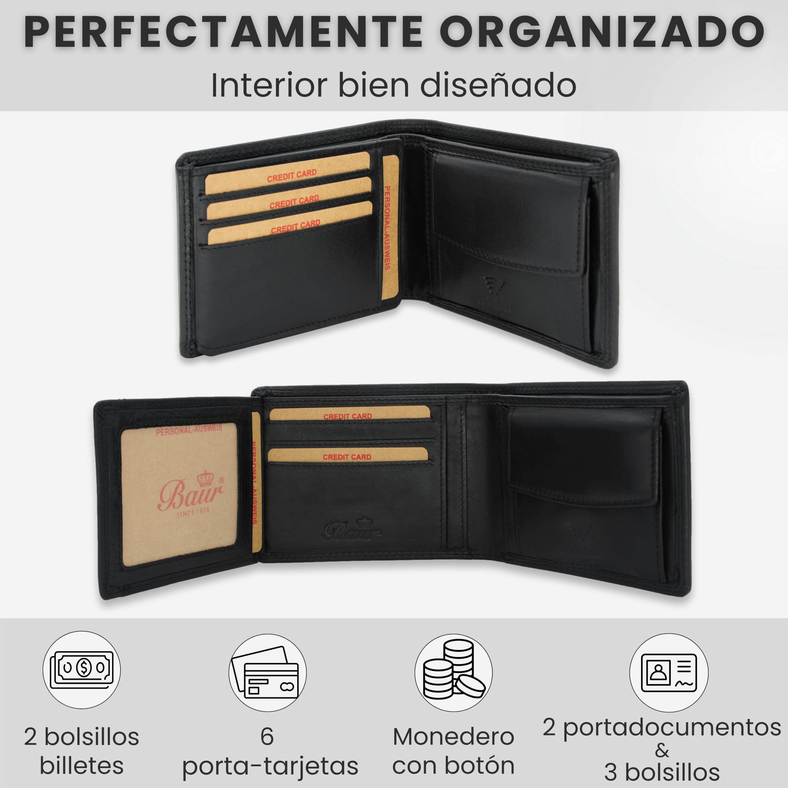 Baur - Cartera de piel auténtica para hombre, con protección RFID, Negro , 12,6cmx9,4cmx2cm, Clásico
