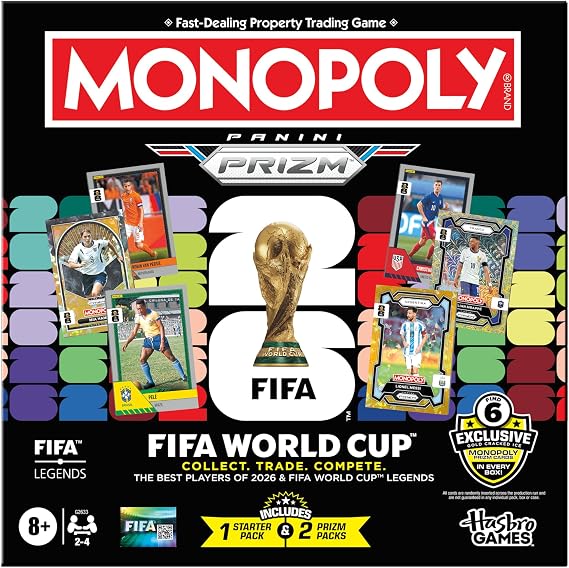 Monopoly Panini Prizm: لعبة كأس العالم FIFA I لعبة كرة القدم اللوحية مع بطاقات التداول Monopoly Panini Prizm FIFA World Cup 2026 I الأعمار 8+
