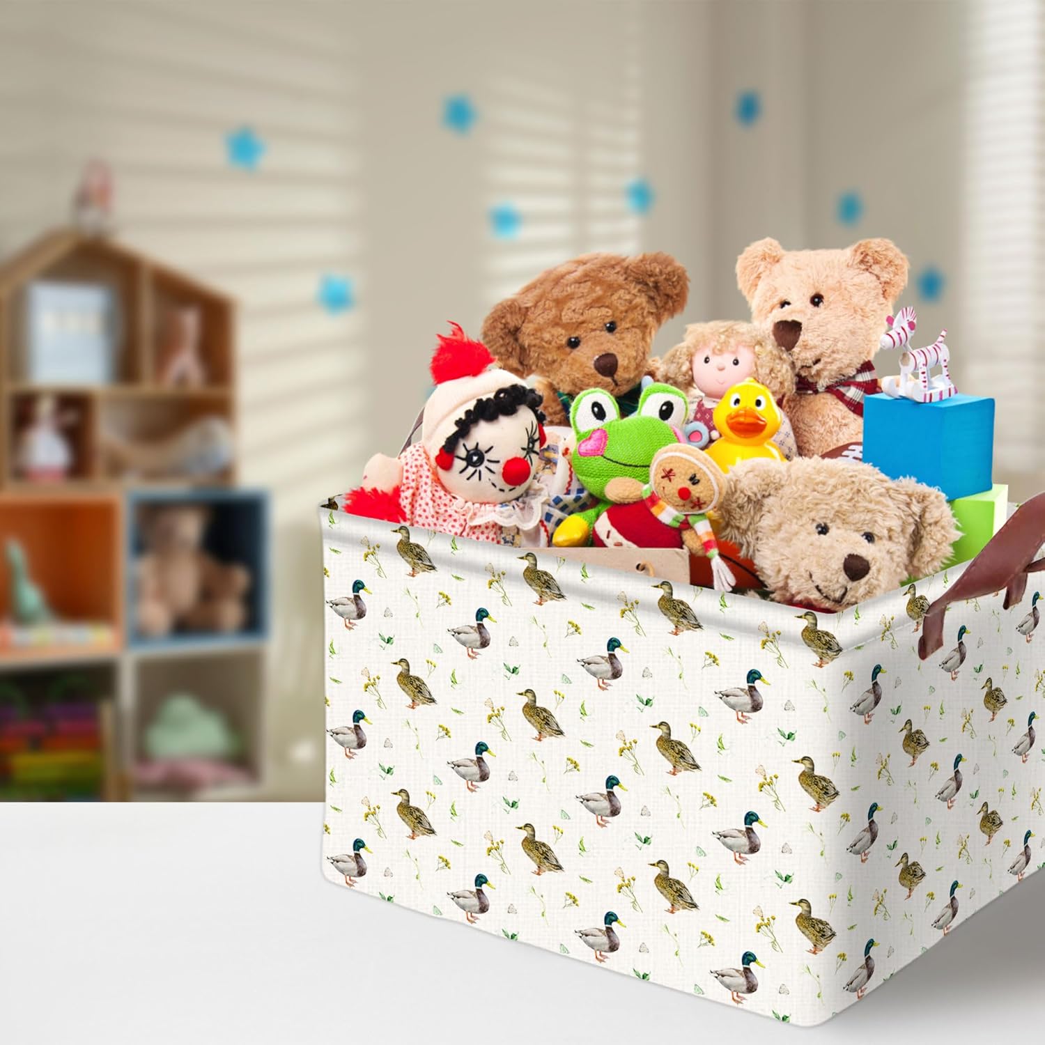 Cute Mallard Duck Storage Basket Waterproof Canvas Toy Storage Bin Mallard Duck Room Decor Collapsible Outdoor Basket with Leather Handles Duck Decor Blanket Baskets For Closets,Bedrooms,Gifts Baskets - Image 4