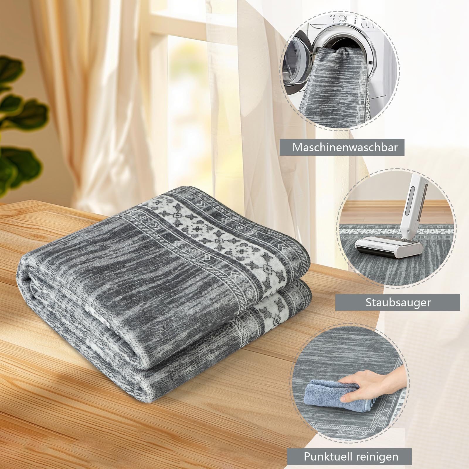 Läufer Teppich für Flur Waschbarer Kurzflor Teppich mit rutschfestem Gummirücken Modern Küchenläufer für Eingangsbereich, Waschküche & Wohnhausflur 80x300cm