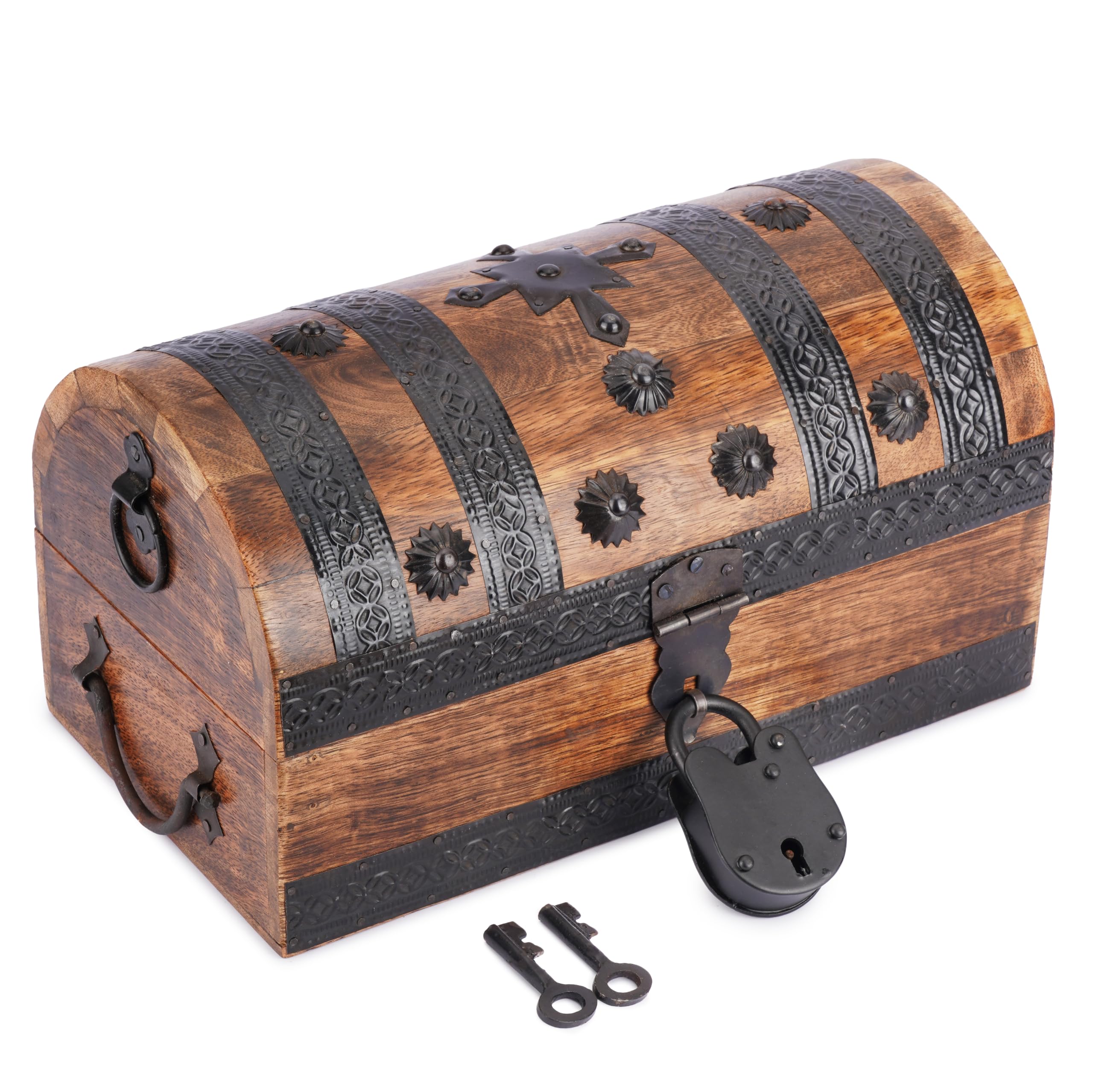 Ajuny Large Wooden Pirate Treasure Chest Shell Inlay Keepsake Box 11x6 Inch