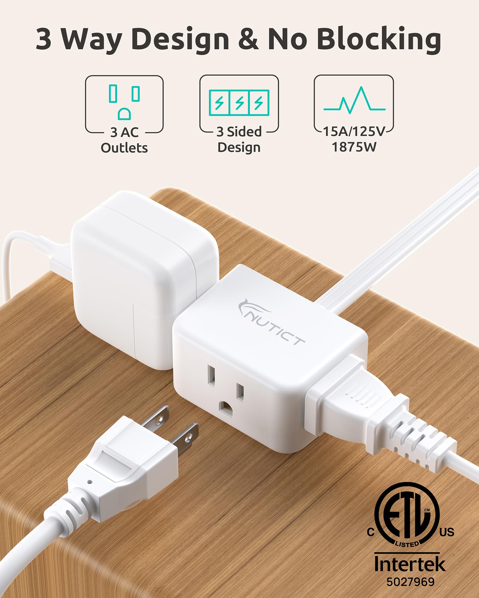 NUTICT Flat Outlet Extender, 6-Inch Cord, 3 AC Outlets, Flat -2 NUTICT Flat Outlet Extender, 6-Inch Cord, 3 AC Outlets, Flat -2