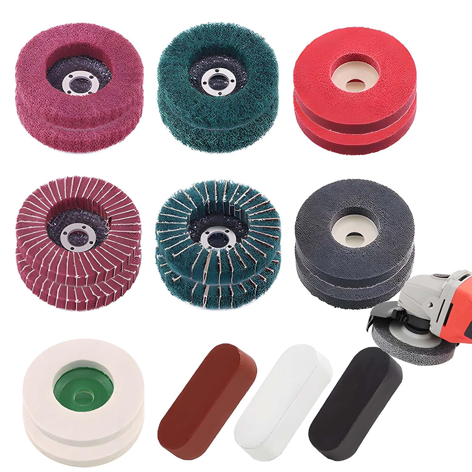 Polishing Wheel Set for 3/8 Angle Grinder, Includes 14 Pcs 4 Inch Flap Discs with Compounds, Wool and Nylon Fiber Sanding Wheels,and 3 Pcs Compounds, for Cleaning and polishing Various Surfaces