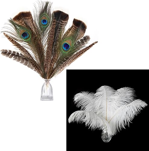 Ballinger 8-12inch 4 Styles 24Pcs Assorted Pheasant Feathers and 24 Pcs 10-12inch White Ostrich Feaathers for Crafting Vase Hat Wedding Autumn Party Decor