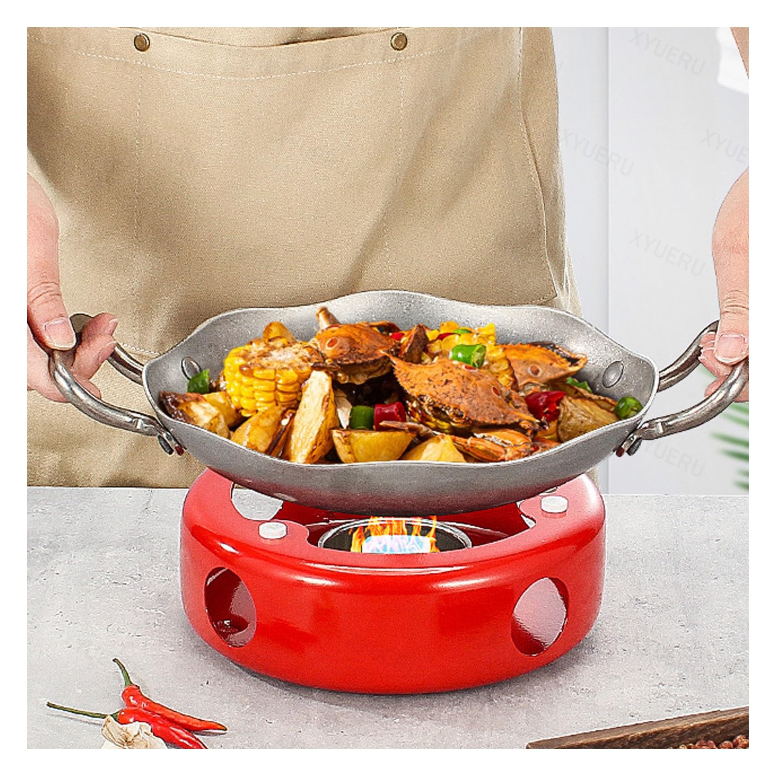 Paellera de acero inoxidable con doble oreja, olla versátil para inducción, mariscos y pasta, ideal para uso doméstico y restaurante