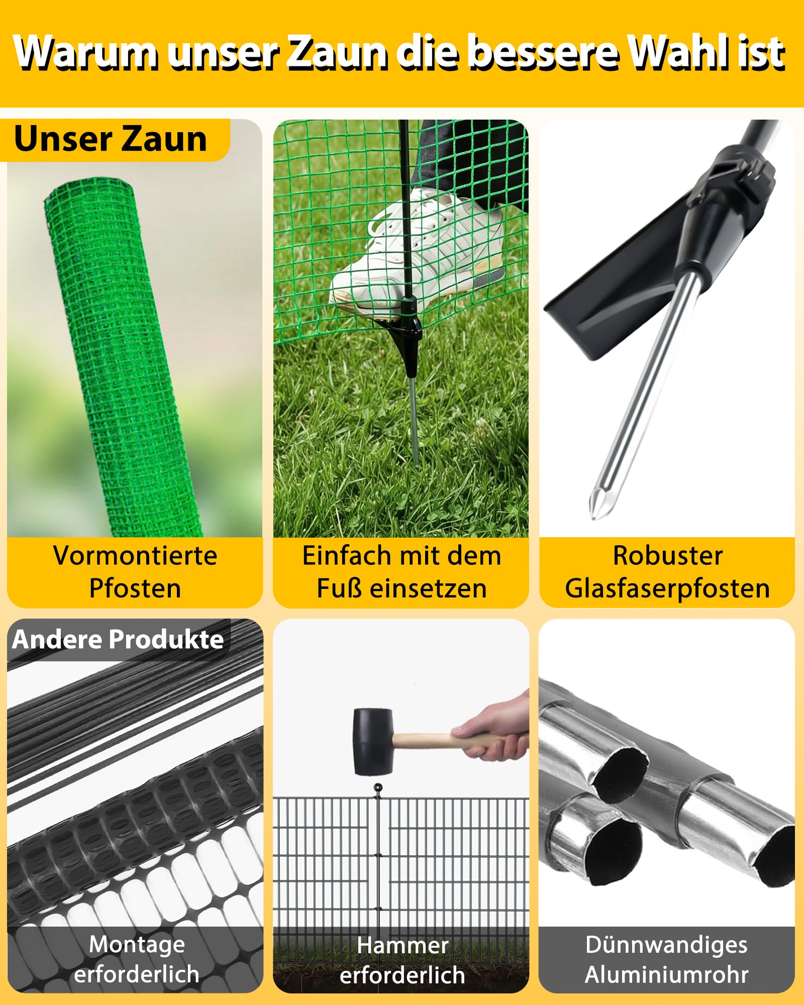 Mobiler Begrenzungszaun ohne Strom, 90 cm hoch, 25 m Gartennetz mit 15 integrierten Pfählen – feinmaschiger Steckzaun für Garten & Camping, geeignet für Hunde & Beetschutz, Komplettset