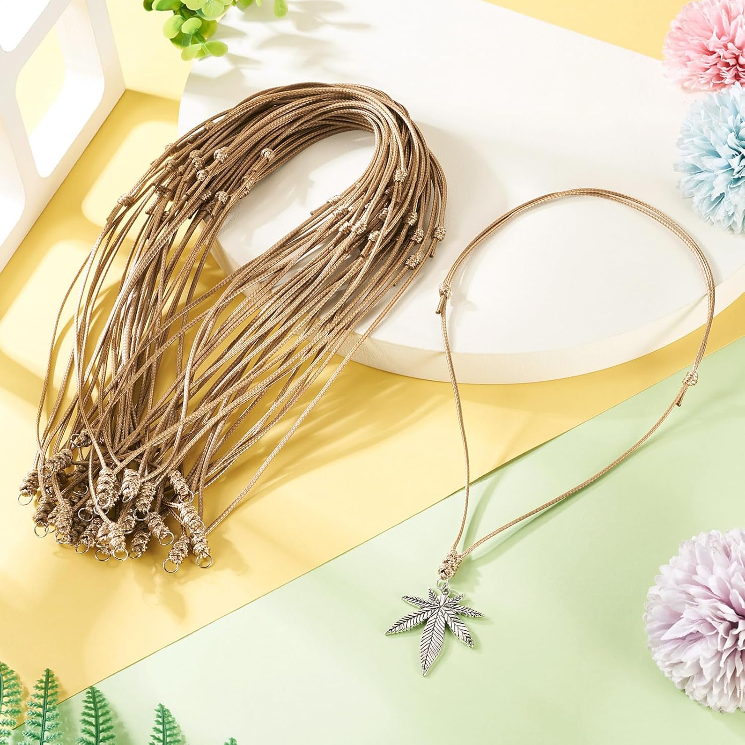 30Pcs Adjustable Necklace Cord Half Finished Light Brown Waxed Polyester Necklace Double Knotted Craft Necklace with Ring for Women Men Jewelry Making image 5