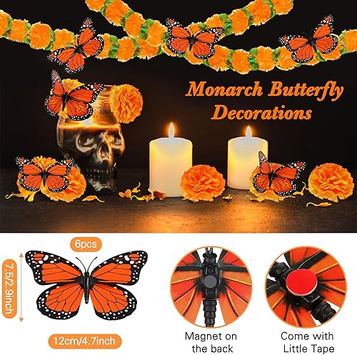 Miniatura 4 de Riceshoot Decoración del Día de los Muertos, 2 guirnaldas de caléndula de 4.9 pies con hojas verdes, 6 decoraciones artificiales de mariposa