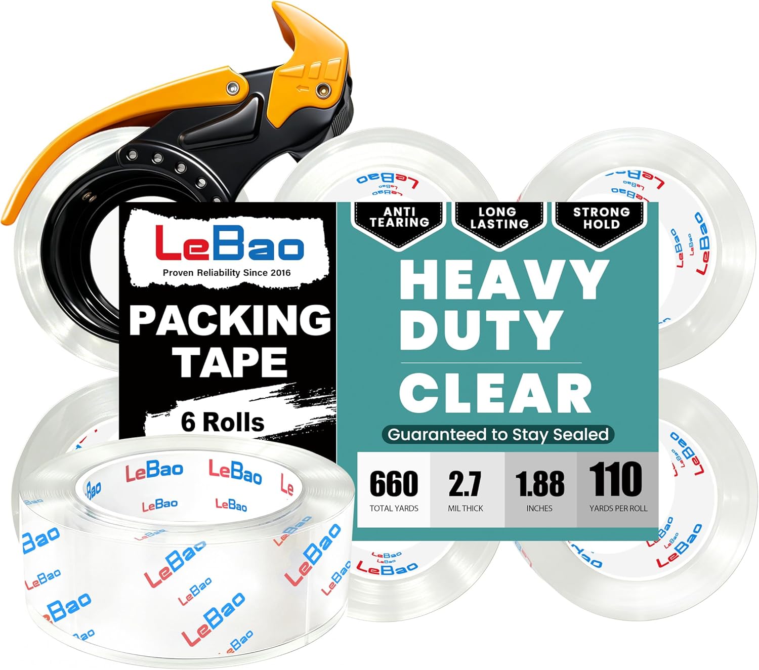 Pro-Seal [2.7 Mil Thick] Heavy Duty Packing Tape with [Pro-Cutter] Dispenser, 6 Rolls Clear Shipping Tape, 1.88" x 110 Yards (660 Total), 88lbs Strong Load, Moving Tape for Boxes & Packaging