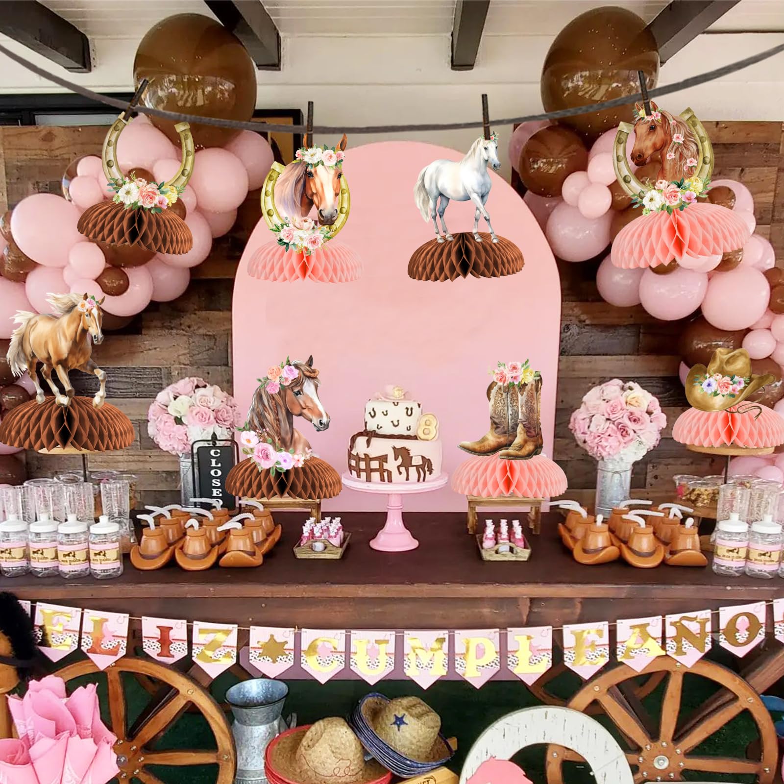 Fangleland Lot de 8 centres de table en nid d'abeille pour fille, décoration de table sur le thème des courses de chevaux occidentaux, décorations de table à motif floral pour fille, anniversaire