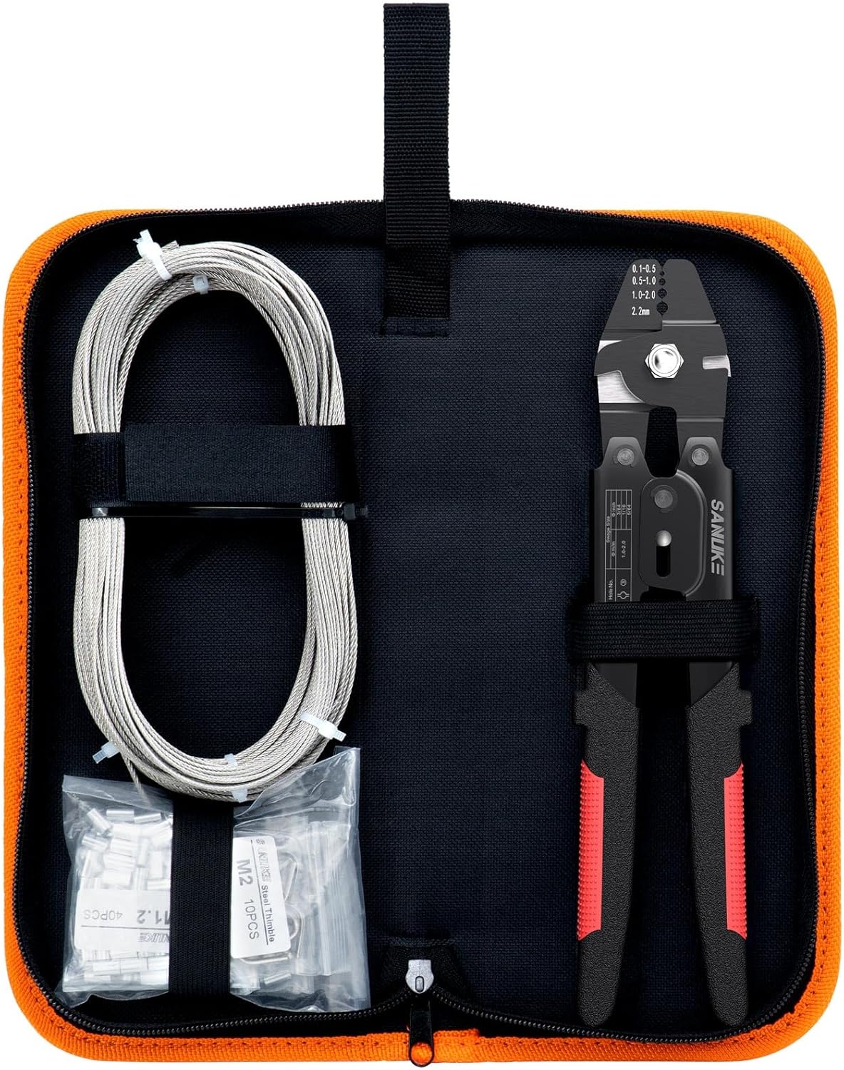 Sanuke Wire Rope Crimping Tool for 3/64 5/64 1/16 Wire Rope with 3 Sizes Stainless Steel Cable, 150pcs Crimping Loop Sleeves, 10pcs Thimbles and A Portable Bag