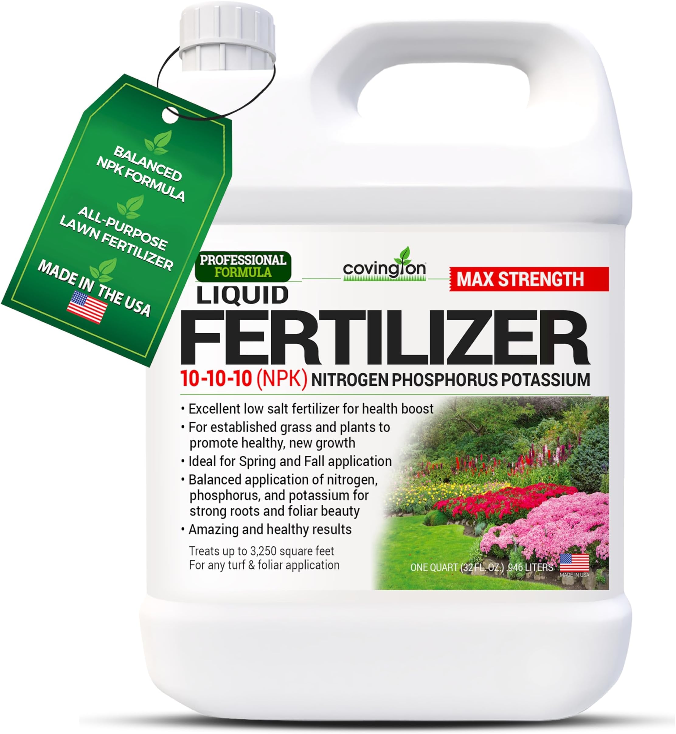 Covington 10-10-10 NPK Liquid Fertilizer (32oz) All Purpose Liquid 10 10 10 NPK - Lawn Food with Nitrogen Phosphorus Potassium Concentrate for Lawns, Outdoor & Indoor Plants, Vegetable Gardens