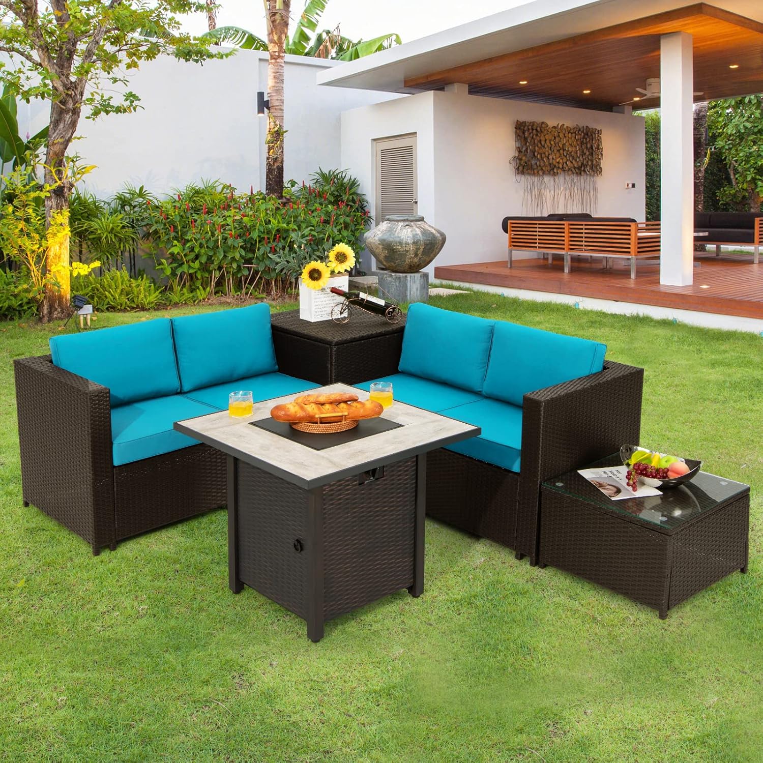 COSTWAY 5 Piece Patio Furniture Set with 30'' Fire Pit Table, Outdoor Wicker Rattan Loveseat Sofa with 4'' Thickened Cushions, 2 Side Tables, Sectional Conversation Set for Backyard (Turquoise)