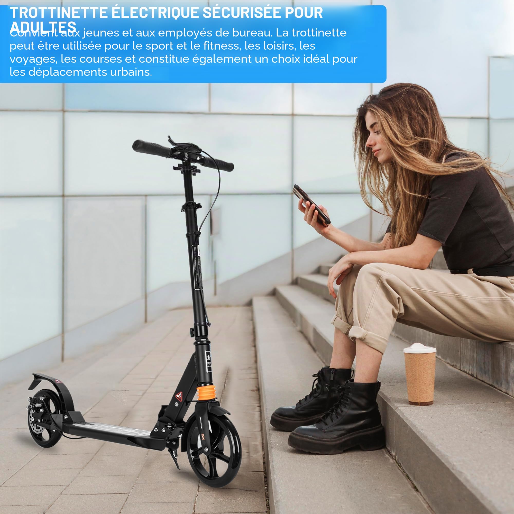 Habib Gruppe Trottinette de ville pour adulte - En aluminium - Pliable - 200 mm - Grandes roues - Double suspension - Hauteur réglable - Frein à main réglable - Charge maximale : 100 kg - À partir de