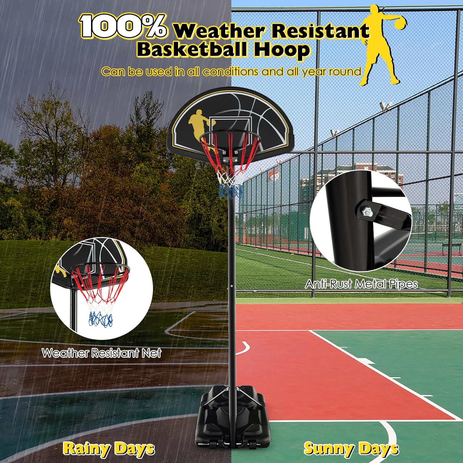 Goplus Portable Basketball Hoop Outdoor Indoor, 4.25-10FT 12-Level Adjustable Basketball Goal w/ 44’’ Shatterproof Backboard, Fillable Base, Basketball Stand System for Youth Adults