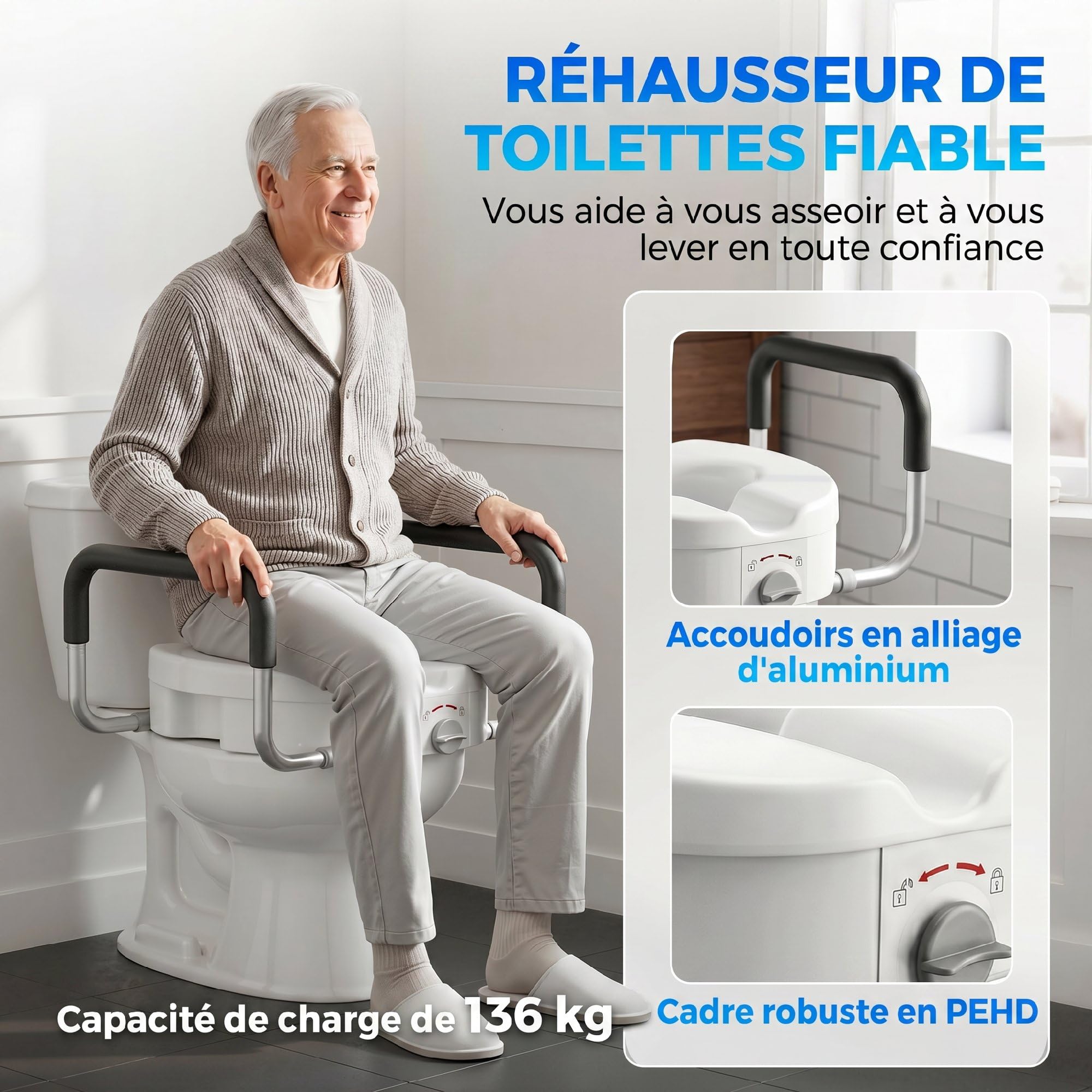 HOMCOM Rialzo sedile WC con maniglie, larghezza regolabile, braccioli imbottiti, installazione senza attrezzi, facile da montare, per anziani e convalescenti, bianco
