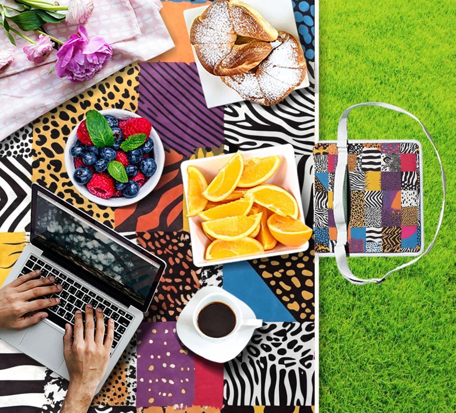 MNSRUU Picnic Blanket Waterproof Foldable, Leopard Checked Large Outdoor Picnic Blanket Beach Blankets Camping Blanket Travel Mat, Shoulder Strap Tote, Rectangle 57x59in