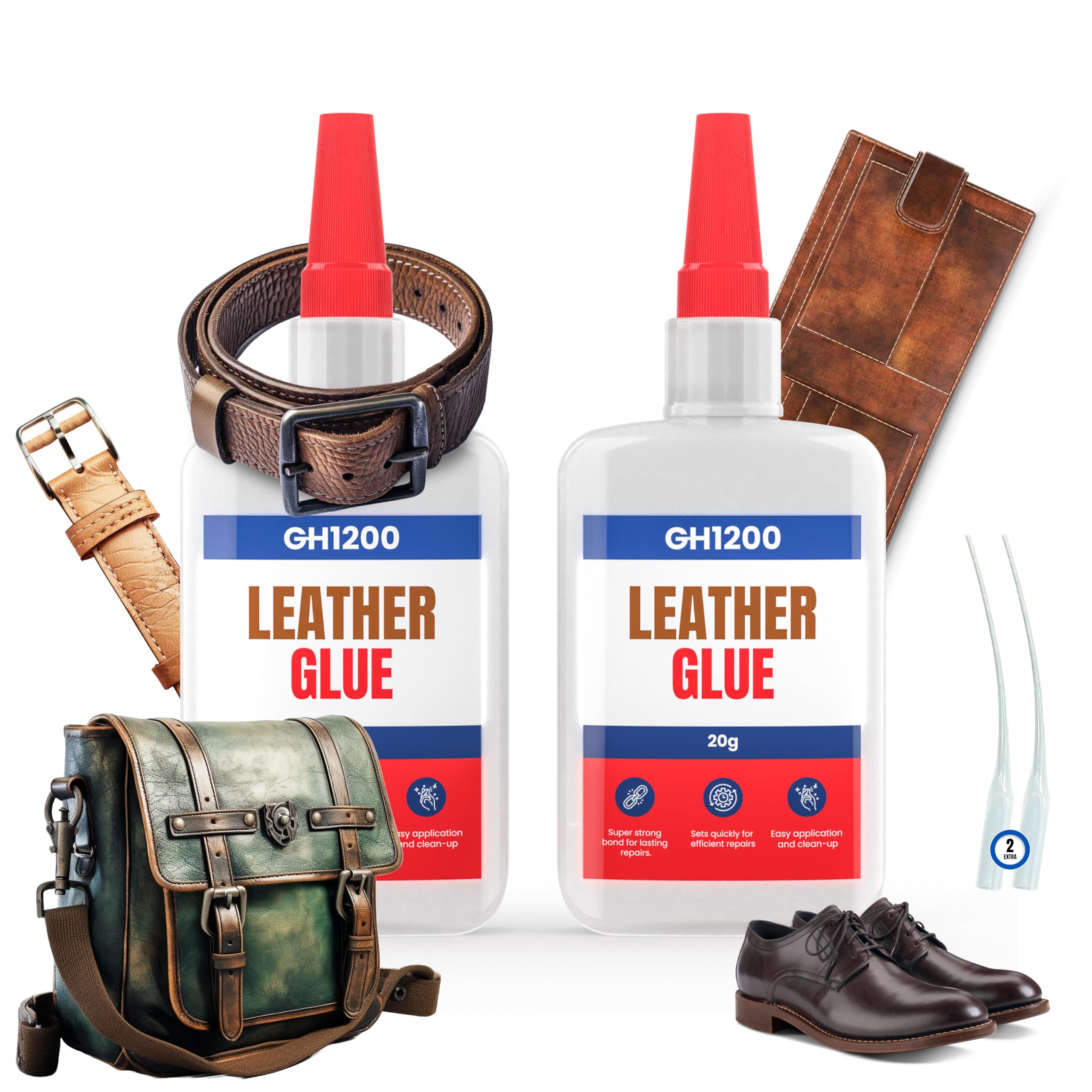 GH1200 Leather Glue Repair - 20g x 2 PCs Strong Upholstery Glue for Cars - Clear for Crack & Patch Repair - Flexible Bonds Waterproof Leather Adhesive
