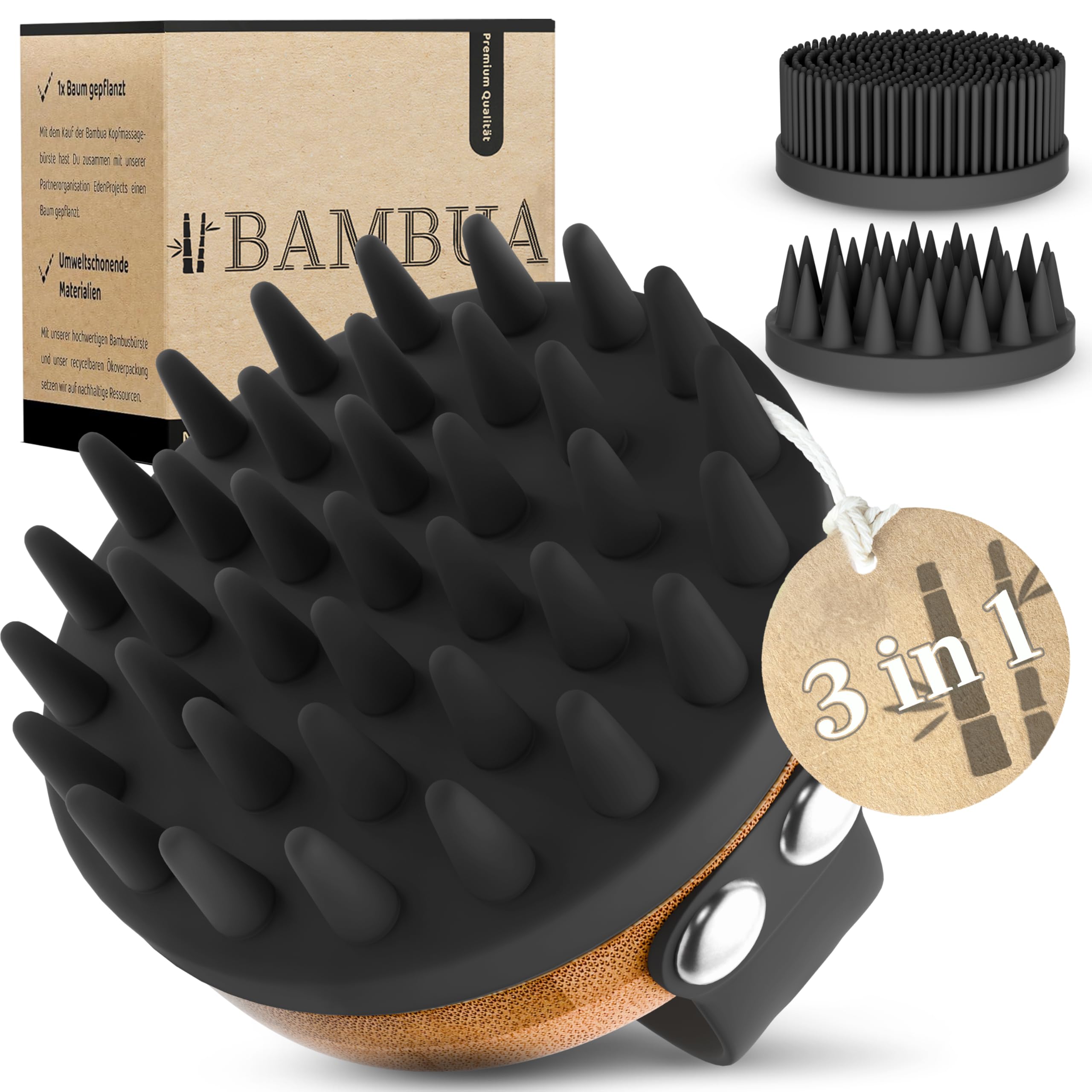 BAMBUA Kopfhaut Massagebrste - (3 AUFSTZE) vielseitige Kopfmassage Brste  mit Anti-Schuppen Effekt - Premium Haar Massagebrste Haare - Utensilienset  inkl. E-Book Gesunde Kopfhaut (Schwarz) : Amazon.de: Drogerie &  Krperpflege