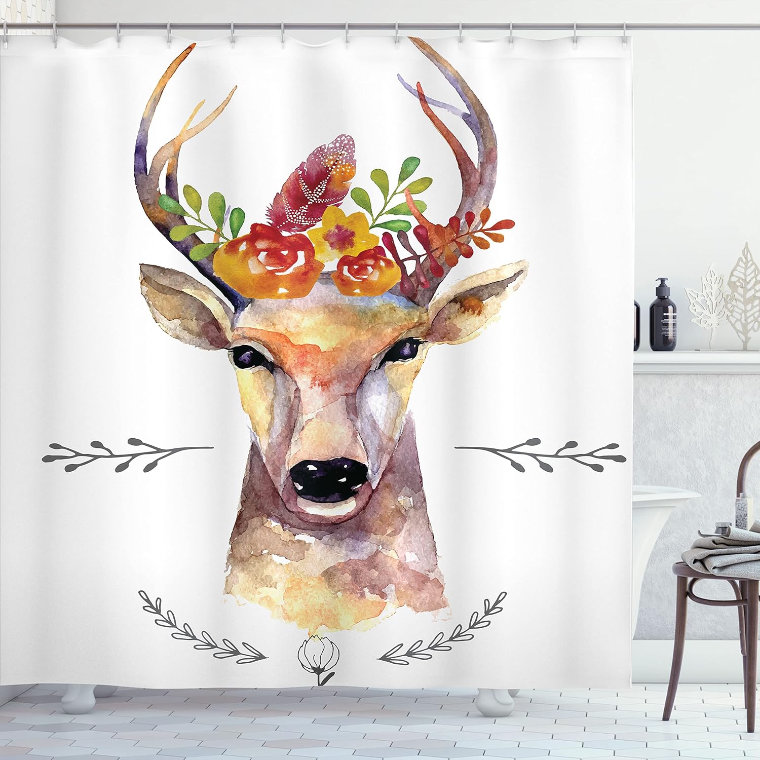 Ambesonne Indie Shower Curtain, Deer Portrait in Watercolor Painting Style Boho Flower Bouquet Hipster Rustic Art, Cloth Fabric Bathroom Decor Set with Hooks, 69" W x 75" L, White Ecru