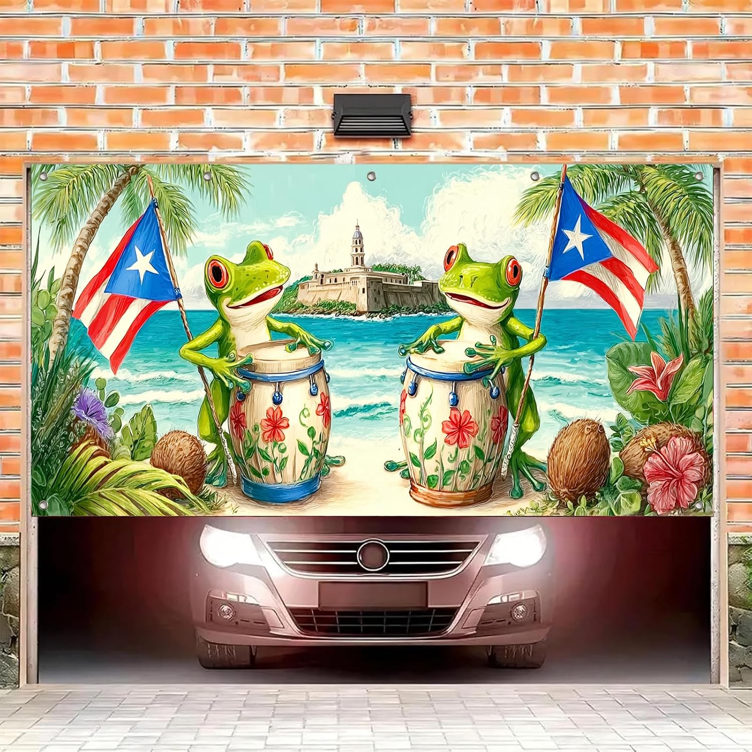 HOMETITUTE Vibrant Puerto Rico Beach Garage Door Banner 13x6ft Tropical Island Decoration Cheerful Coqui Frogs Playing Drums with Flag Photo Prop Background for Cultural Pride Outdoor Festive Scene