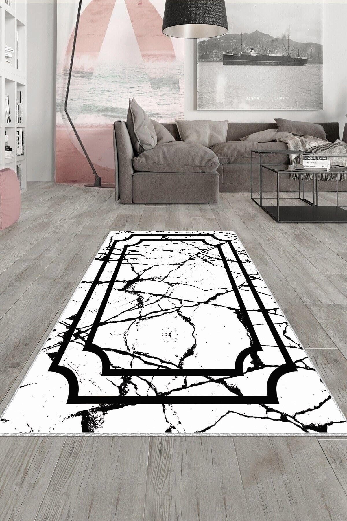 Pelangi Beyaz Gri Çerçeve Ve Efektli Yıkanabilir Kaymaz Taban Leke Tutmaz Modern Salon Halısı Ve Yolluk, Beyaz-Siyah 120 x 160, 135811912016005