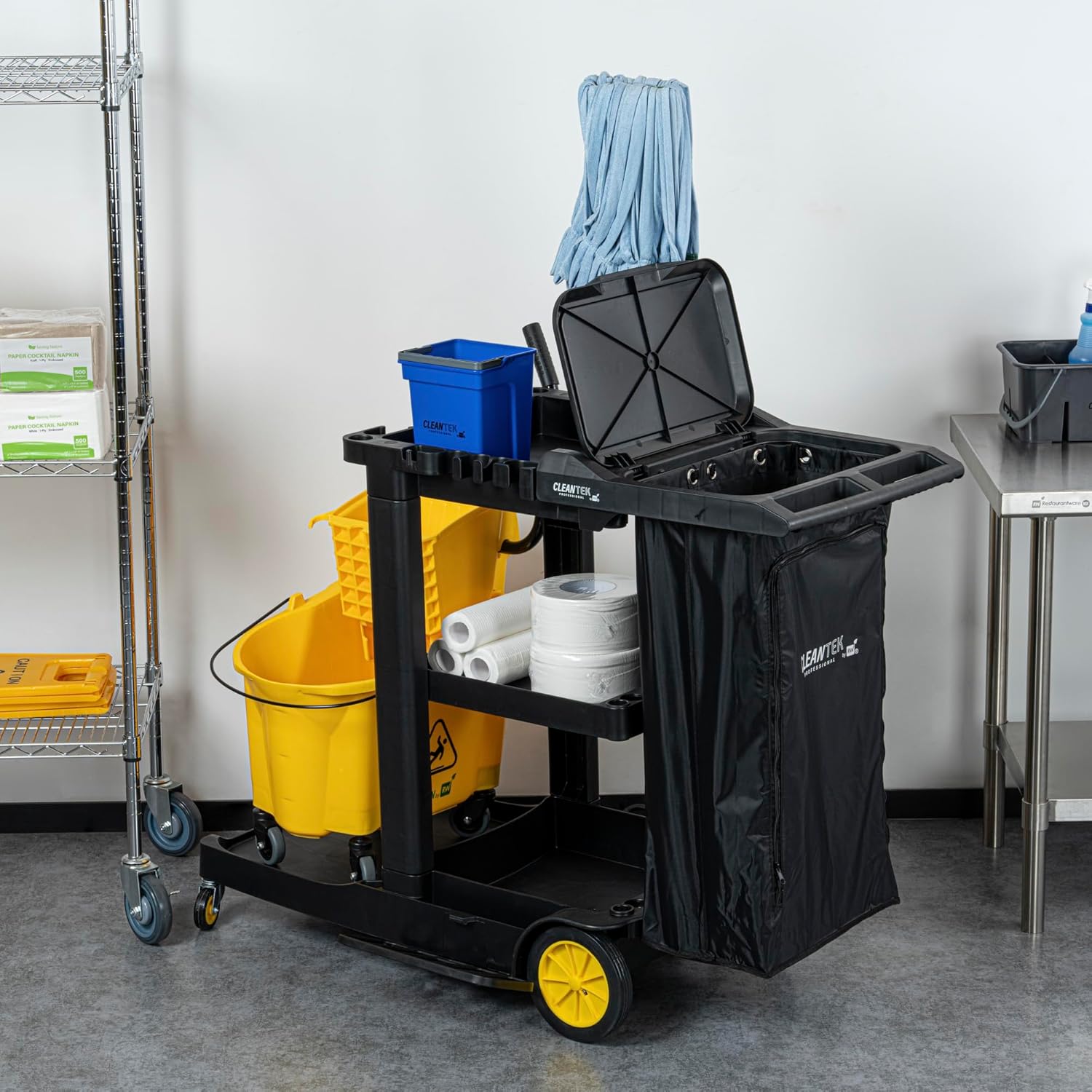 Restaurantware-Janitor CART Bag ONLY: Clean Tek Professional 16.93 x 10.63 x 29.53 Inch Janitorial Bag, 1 Heavy-Duty Receptacle - Janitor Cart Sold Separately, Durable, Black Plastic Replacement
