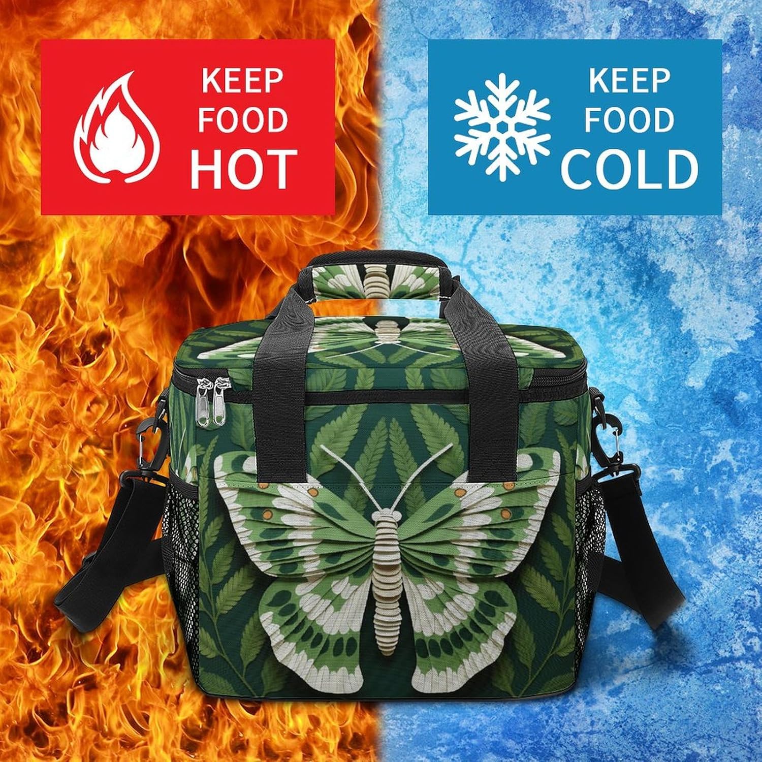 Camping Ice Pack, White Moth Print Cooler Bag, 22.5L Large Capacity Insulated Lunch Tote Bag for Outdoor, Picnic, BBQ, Travel, Work