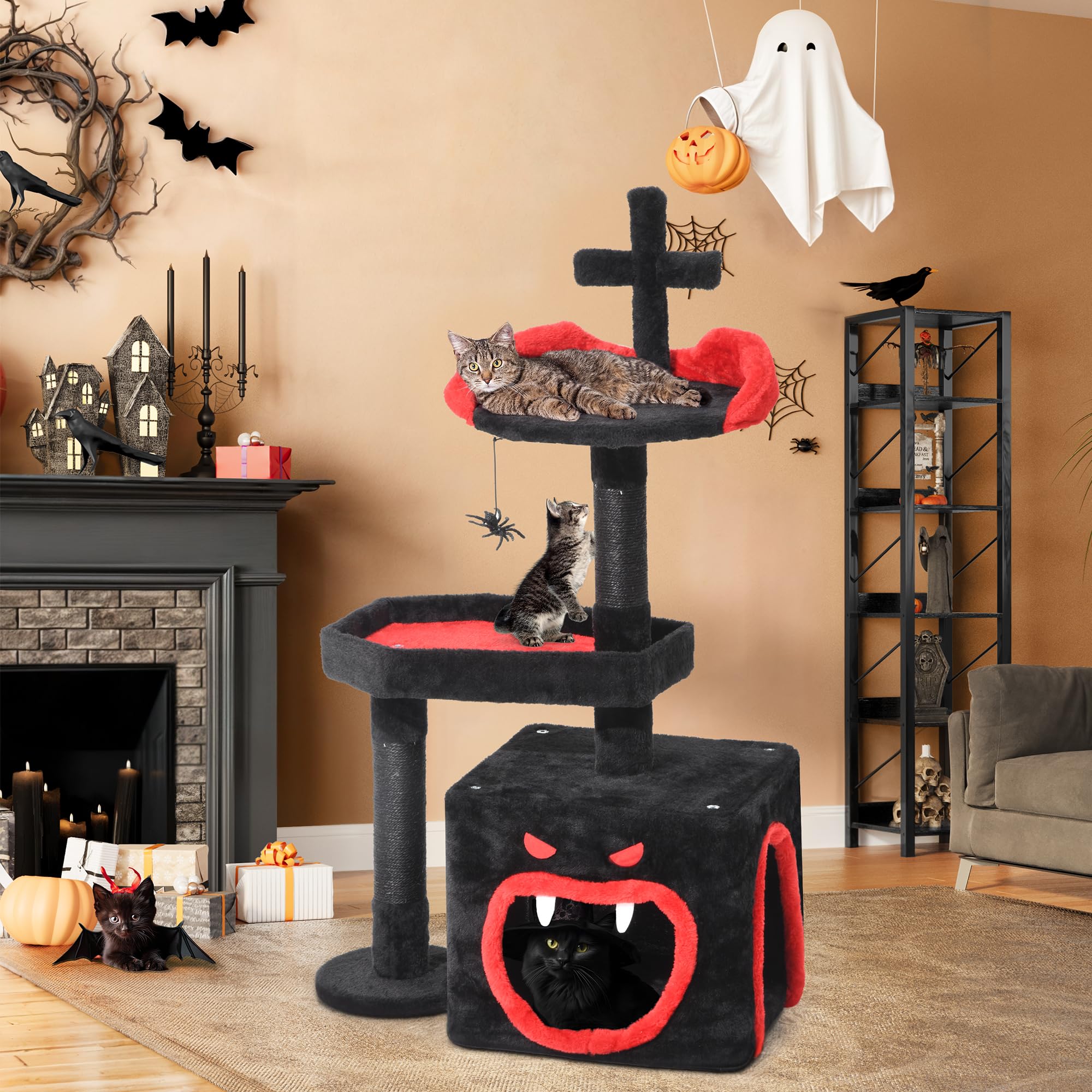 YITAHOME 38.5in Gothic Cat Tree: Indoor Kitten Tower with Coffin Bed Featuring Spacious Condo, Spider Hanging Ball, Scratching Post, Black Halloween