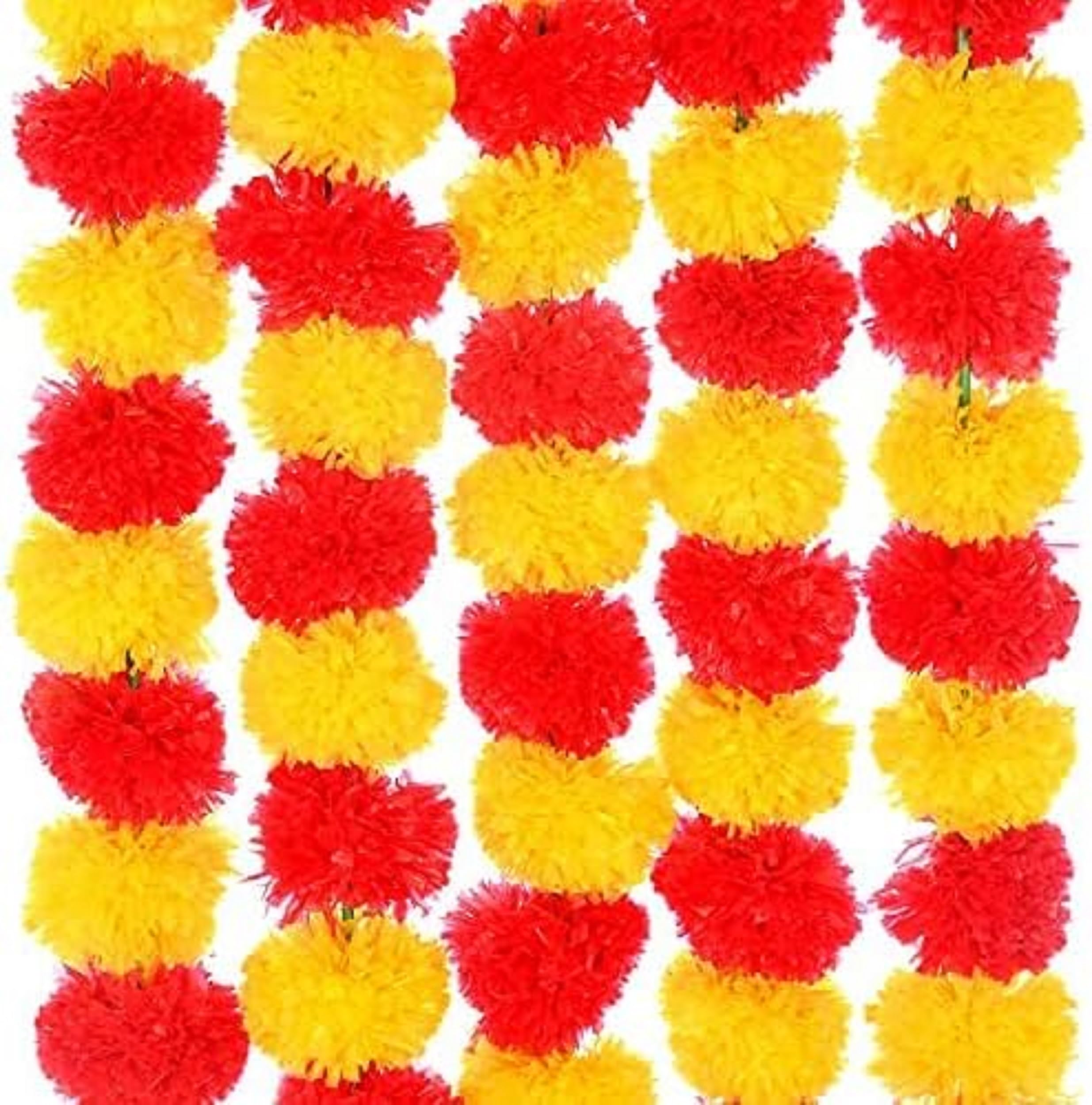 Artificial Marigold Garland Flower Toran Phool Mala For Home Temple Decoration Diwali Pooja Festivals Indian Wedding, Outdoor Indoor Hangings Fake Flowers 5 Feet Each Pack Of (5)