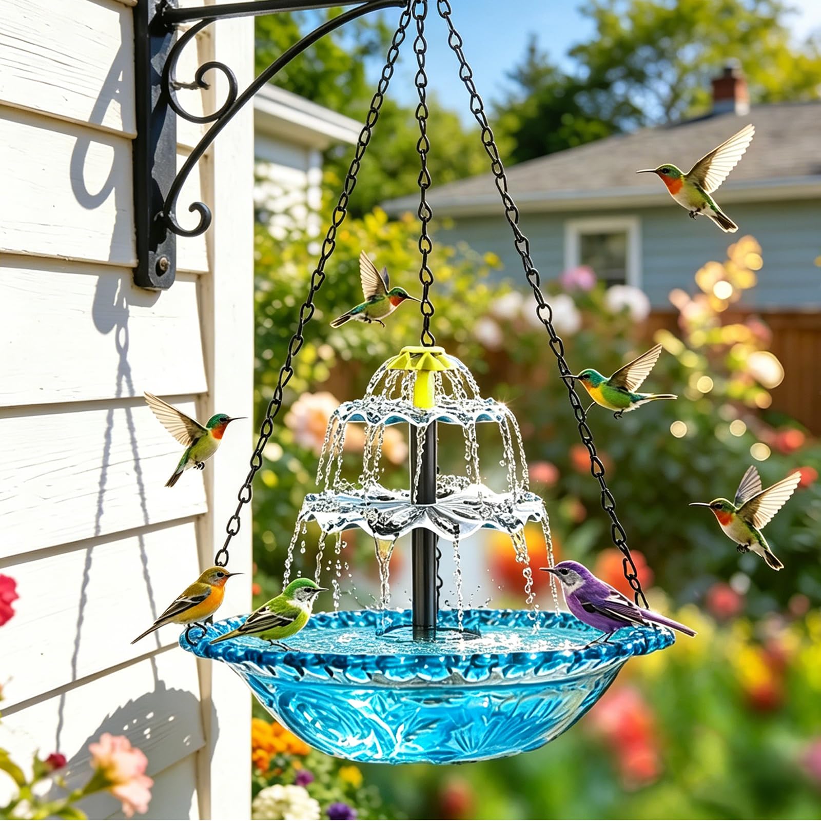 Bain d'oiseaux solaire avec fontaine, fontaine à oiseaux, pour jardin, balcon, bain d'oiseaux, suspendu avec chaînes en métal, jeu d'eau d'extérieur pour oiseaux (bleu)