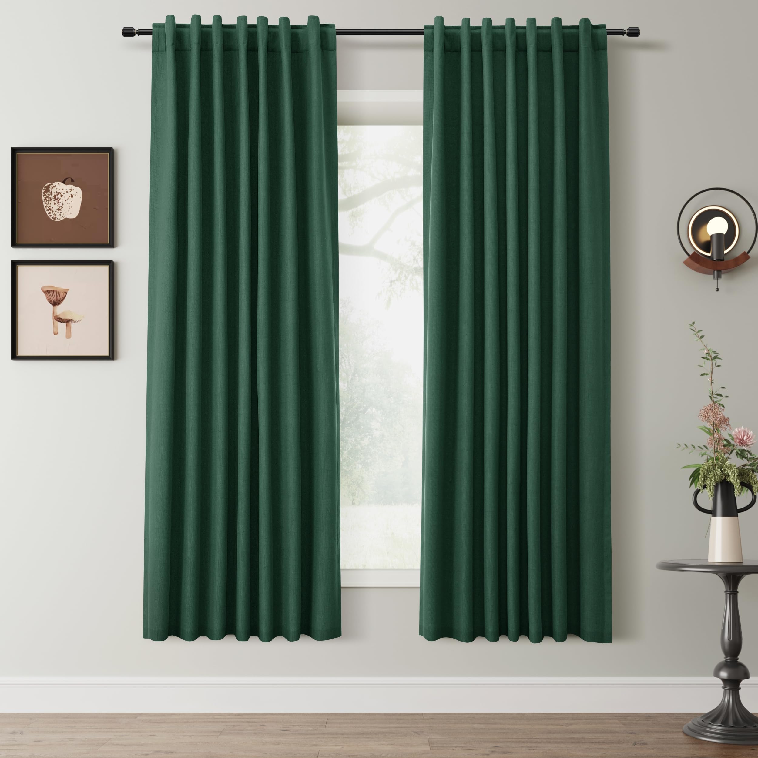 72 Inch Blackout Curtains 2 Panels Set Dark Green Linen Curtains for Bedroom Black Out Heavy Thick Insulated Linen Curtains Bay Window Drapes for Cabin Kitchen 6ft Length Back Tab Green 52x72