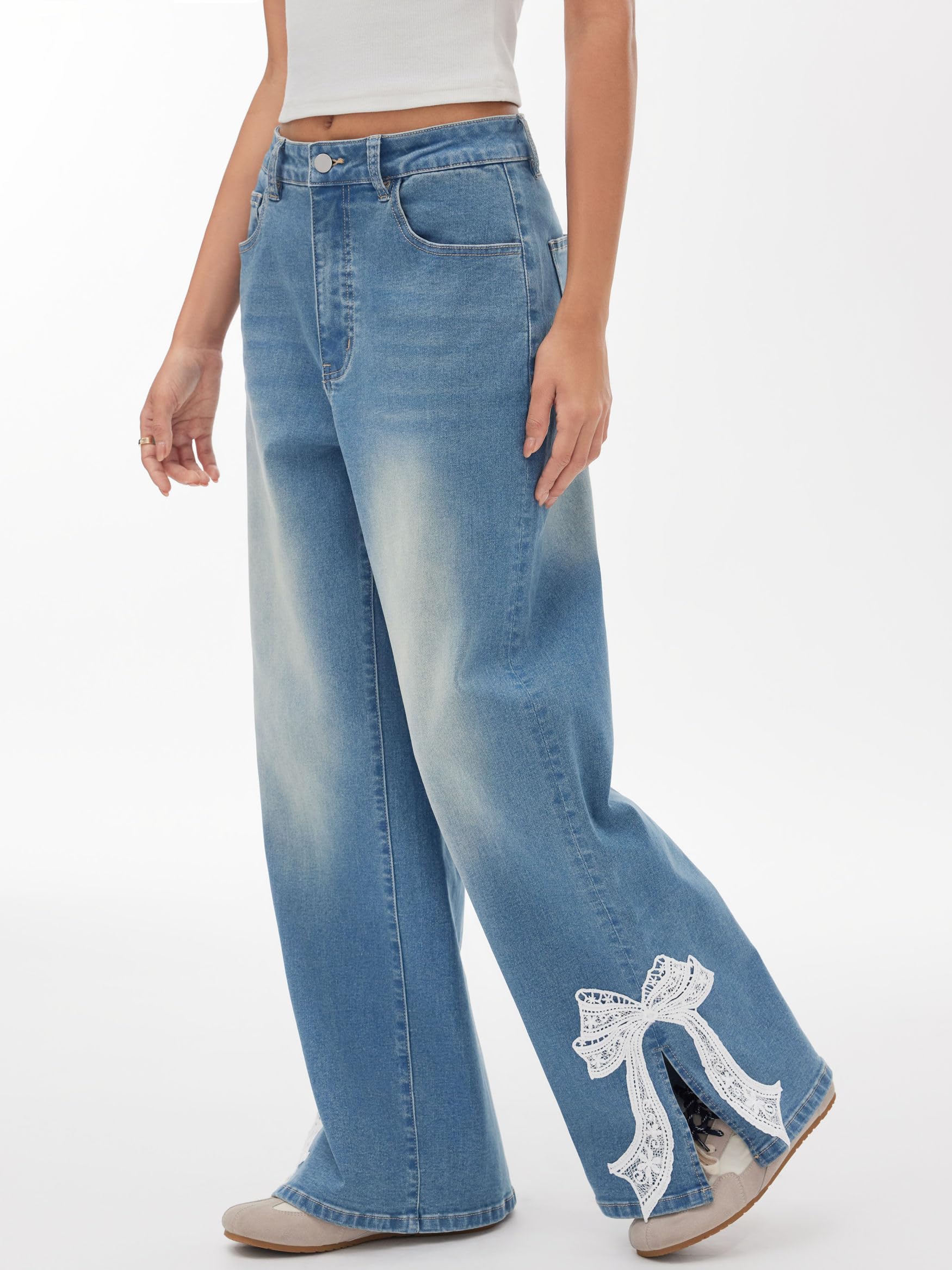 CIDER Baggy Jeans mit weitem Bein für Damen, mittlere Taille, Schleife, Denim-Hose