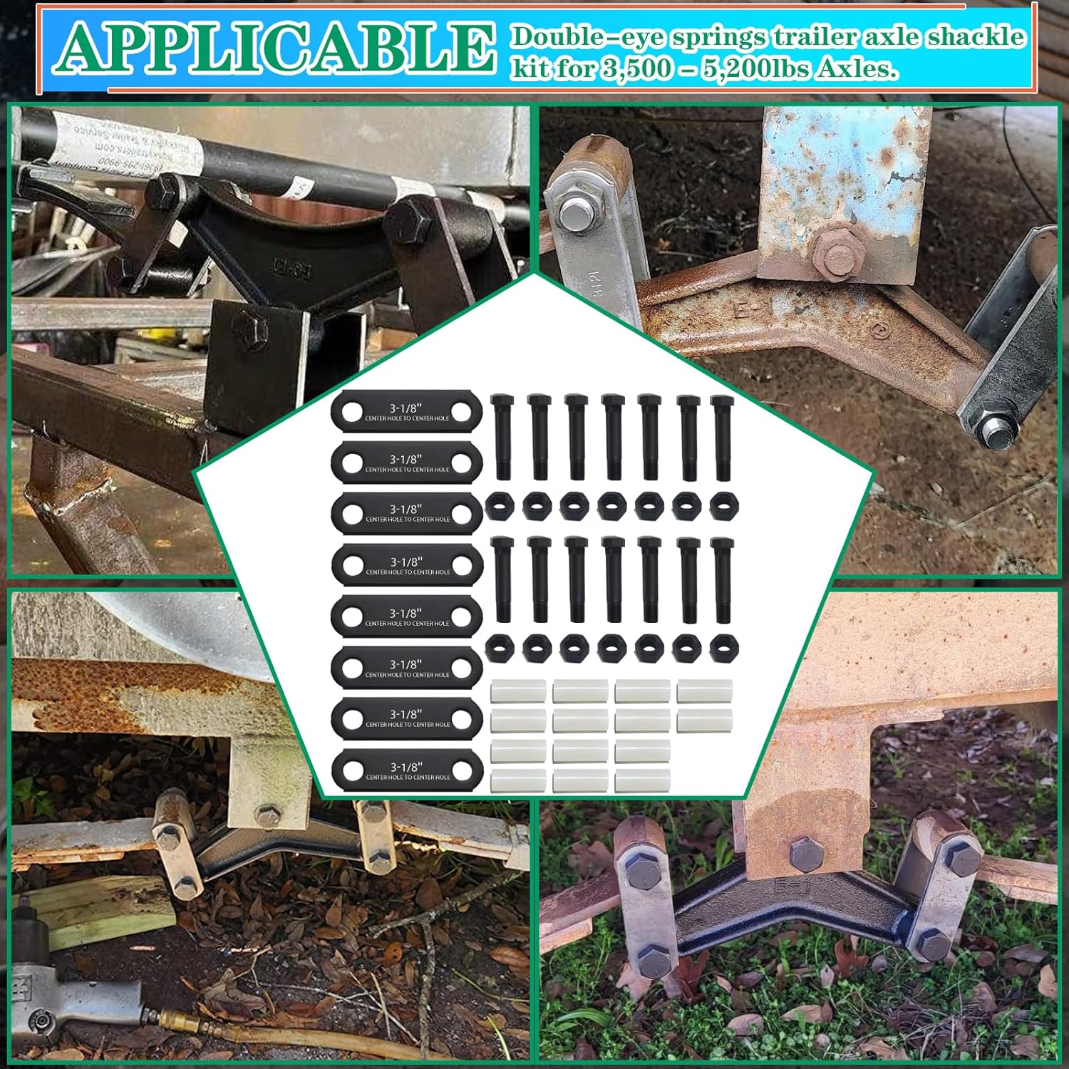 2 Sets Trailer Shackle Kit 3-1/8" Straps,Tandem Axle Trailer Shackles Kit 14 Bushings & 14 Bolts Nuts for Double Eye Leaf Spring 3500 lbs-5200 lbs Axles