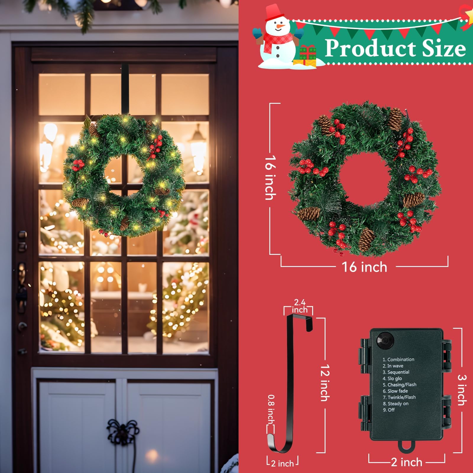16in Couronne de Noël, LED Guirlande de Noël 8 Modes Couronne de Porte de Noël Artificielle avec Pommes de pin, Baies Rouges, Décoration de Noël pour Porte, Fenêtre, Cheminée, Mur