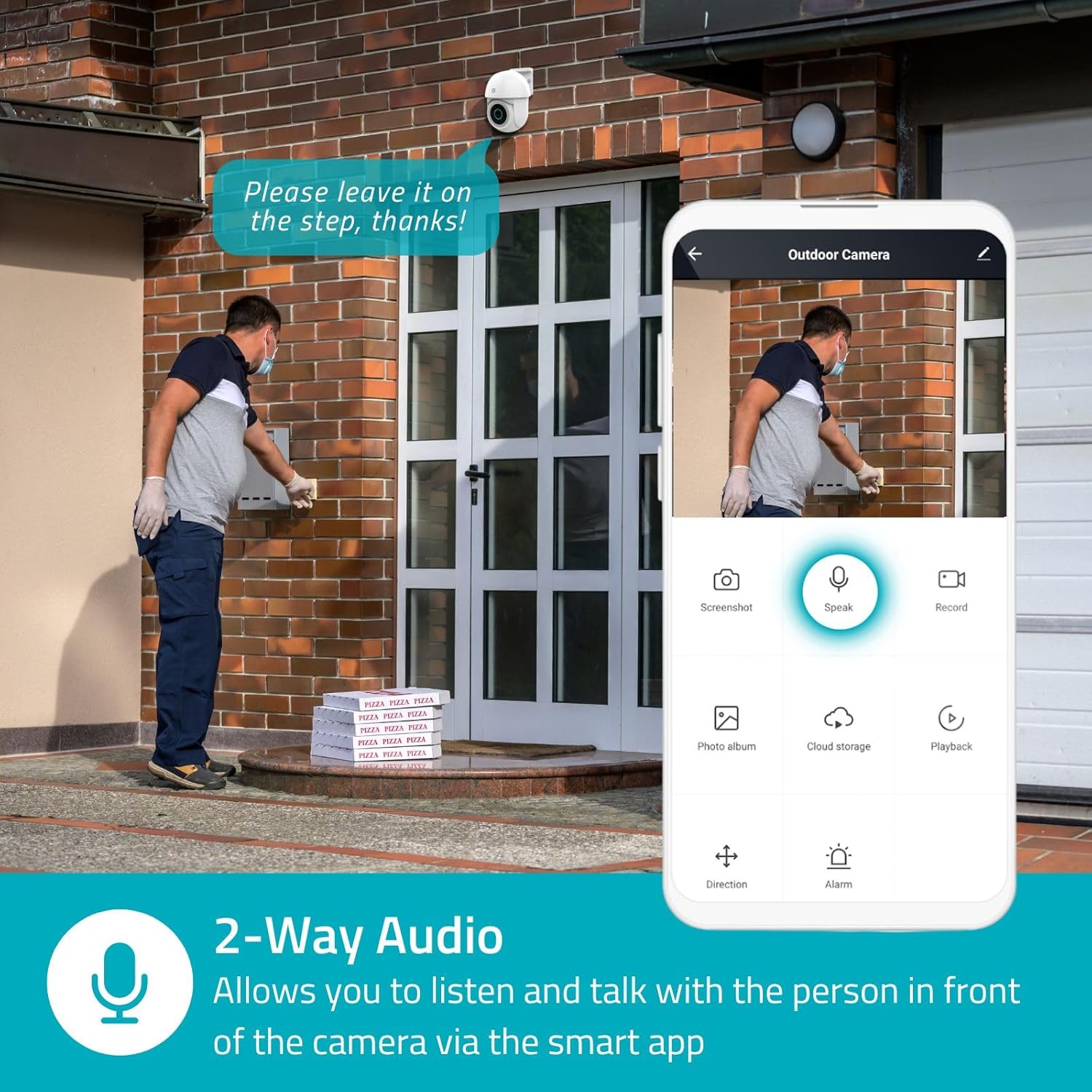NEDIS SmartLife Outdoor Camera with 2-Way Audio feature, showing a person speaking to a delivery driver through the camera via a smartphone app