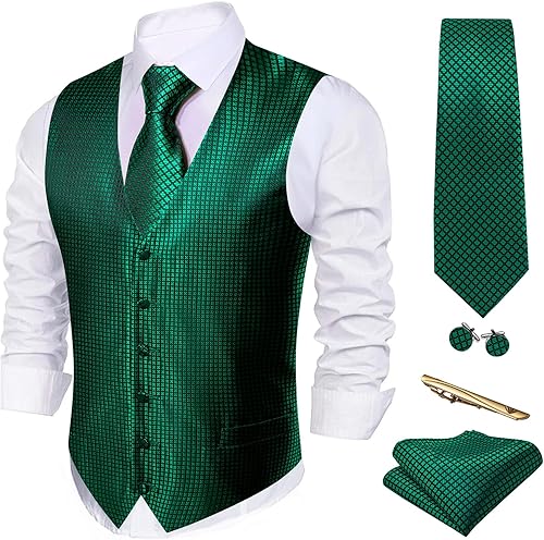 Barry.Wang Juego de 5 chalecos para hombre, diseño de cachemira y jacquard con estampado de cachemira, corbata de seda y bolsillo cuadrado, para