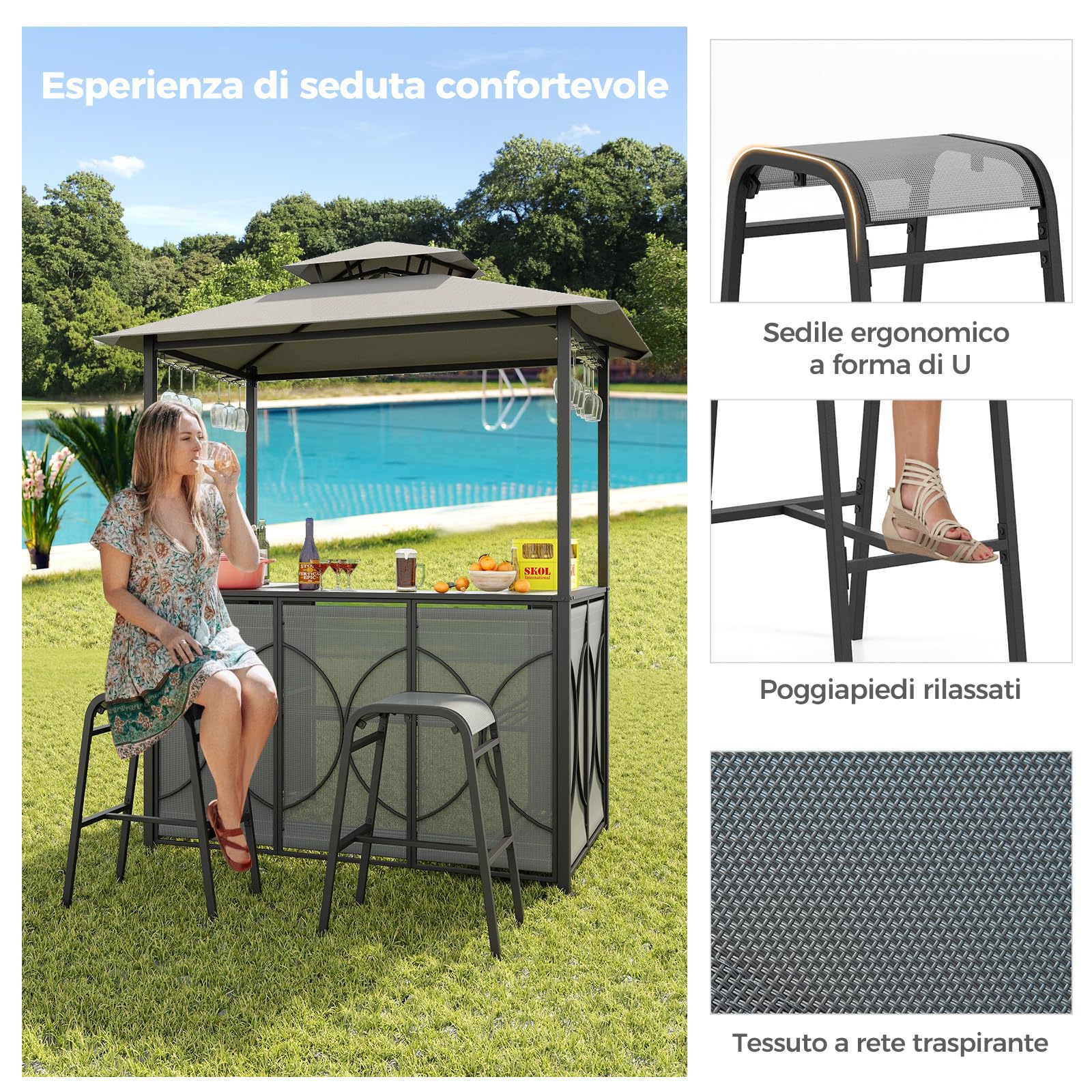 GYMAX Set da Barbecue da Esterno 3 Pezzi con Gazebo per Griglia, Gazebo da Patio con Tavolo da Bar in Vetro Temperato, 2 Sgabelli da Bar, Scaffali di Stoccaggio, Portabevande in Vetro, Gazebo BBQ