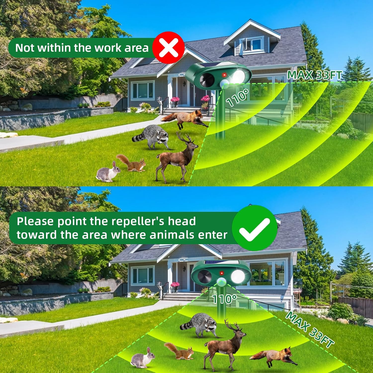 2026 Solar Ultrasonic Animal Repellent Outdoor Cat Deterrent Deer Repellent Devices Dog Repeller with Motion Sensor & Strobe Light & Usb Charging Deterrent Rabbit Squirrel Skunk Racoon for Yard Garden