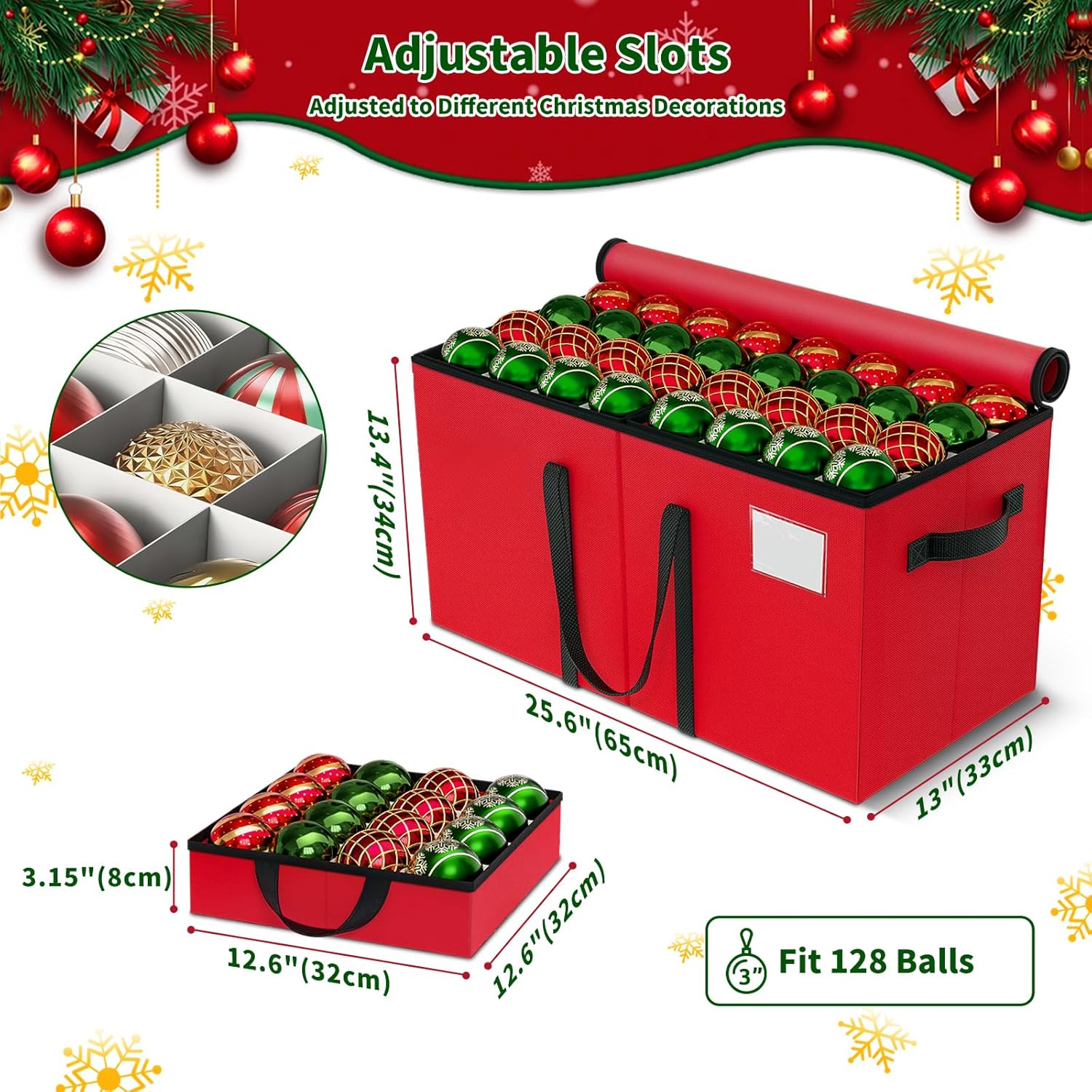 Christmas Ornament Storage Box - Large & Sturdy Christmas Storage Container with Adjustable Dividers, 8 Individual Trays and Handles, Holds up to 128 Holiday Decorations (Red) - Image 2
