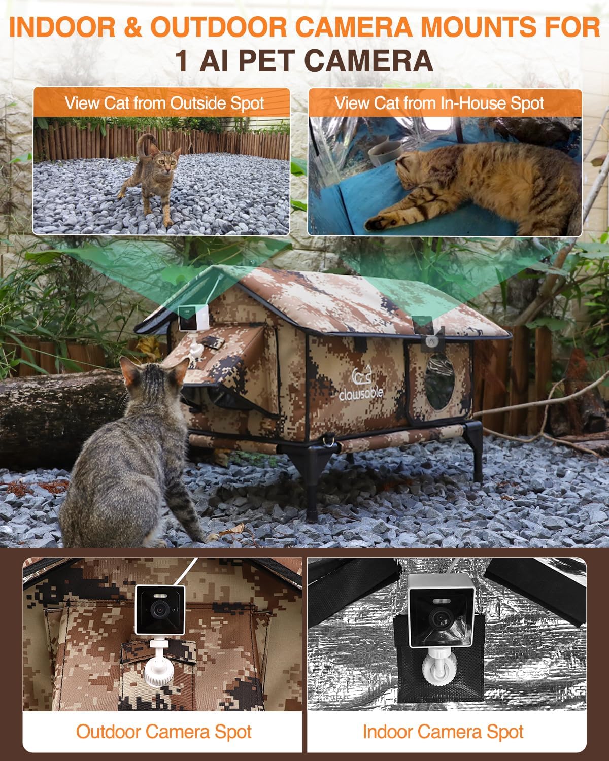 Indestructible Gable Roof Heated Cat House for Outside Winter, 100% Waterproof, Safe Escape Door, Insulated Outdoor Cat Shelter with Heater for Feral Barn Cat Kitty (Desert Camouflage, 15.5"x15"x19")