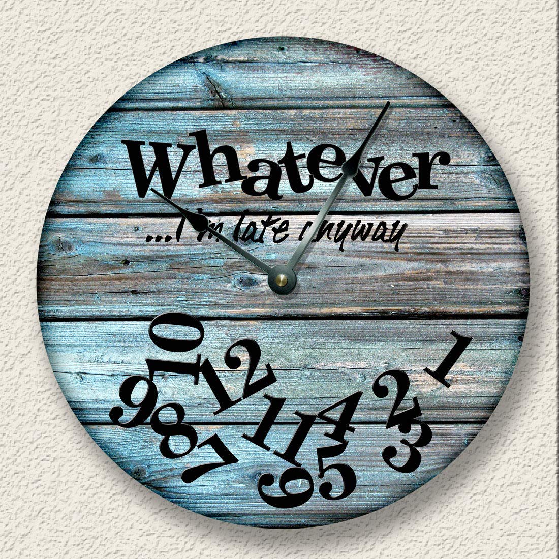 Wengbeauty Fashion Wooden Wall Clock Silent Non Ticking Whatever Im Late Anyway Wall Clock - Distressed Teal Board Round Wall Clock For Living Room Kitchen Home Bedroom Decoration 10 Inches