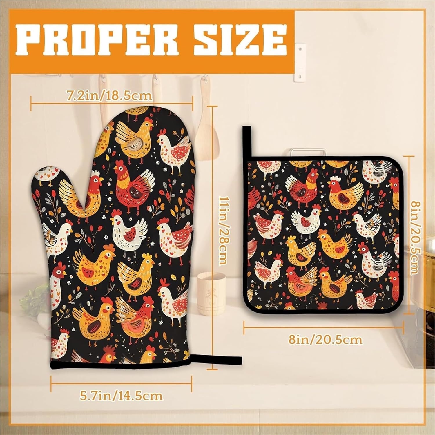 Colorful Rooster Oven Mitts and Pot Holders Set of 4, Cute Chicken Heat for Kitchen Decor Cooking Baking BBQ