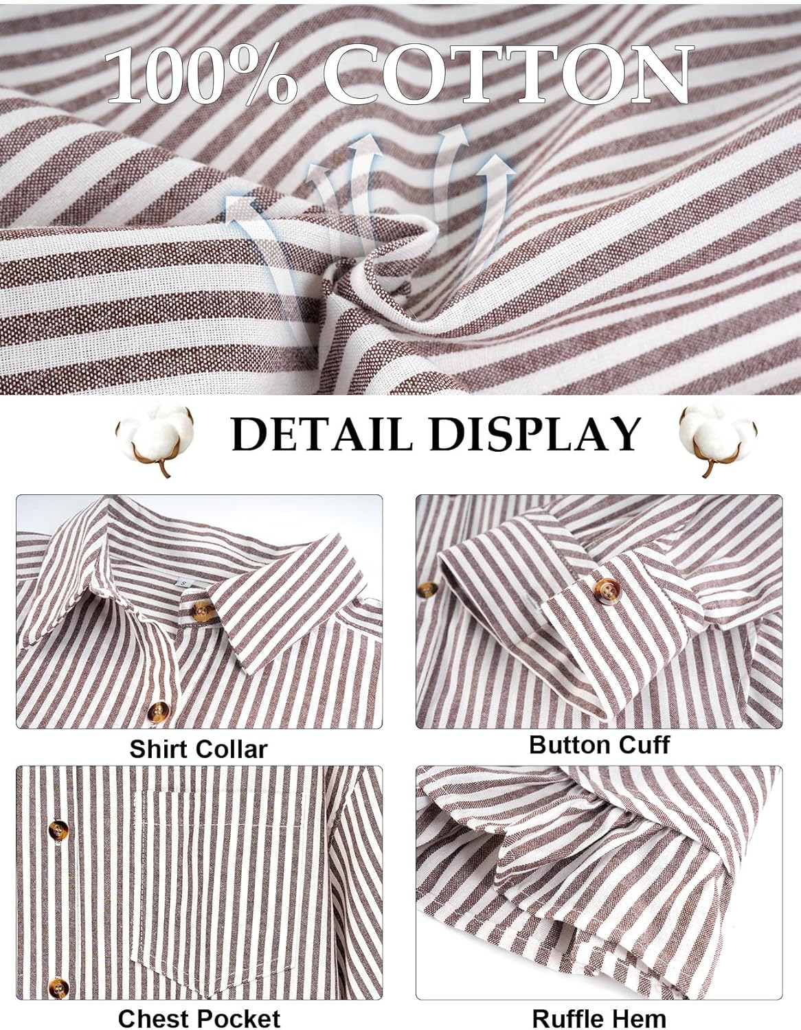 COZYPOIN Womens Striped Button Down Cotton Shirts Cropped Ruffle Hem 3/4 Sleeve Casual Collared Blouses Office Work Tops
